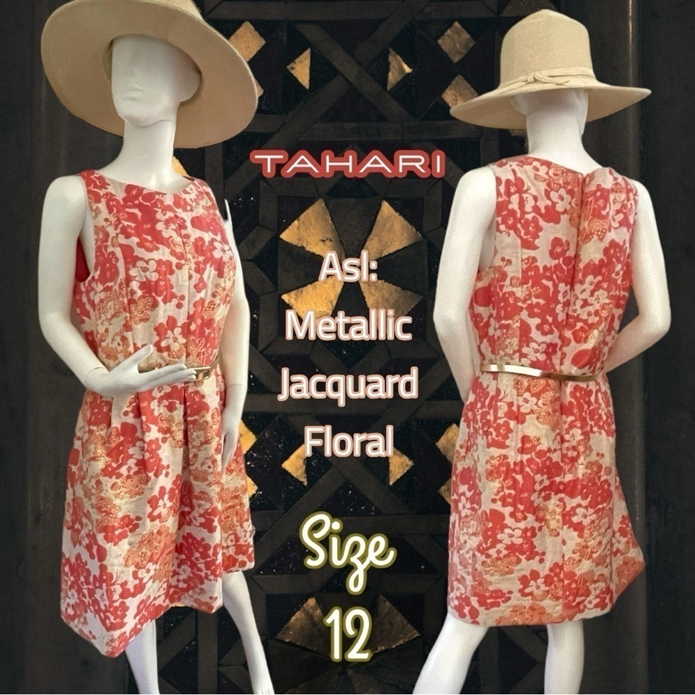 Tahari Women’s ASL Metallic Gold and Jacquard Orange Floral Fit n Flare Size 12 - Picture 3 of 16